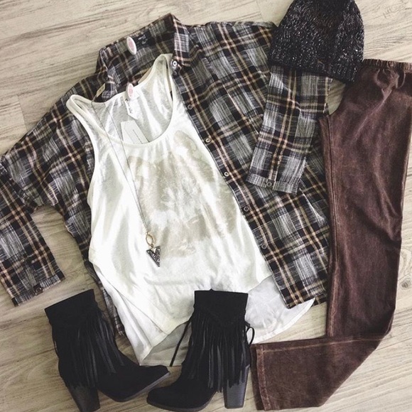 Black Plaid Button Down Oversized Linen Top - Picture 1 of 8